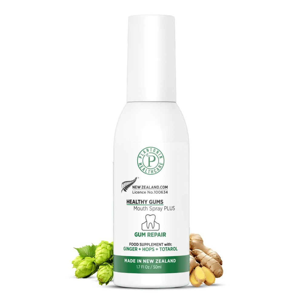 Plantonin bottle front showing natural gum care formula for daily use.
