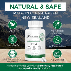 Plantonin Palmitoylethanolamide 600mg bottle on a table for easy daily dosing.
