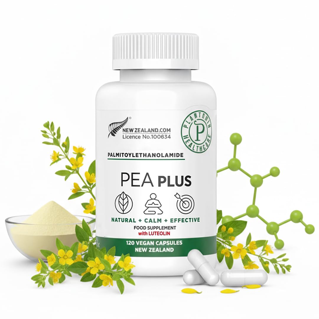Plantonin palmitoylethanolamide 600mg luteolin bottle—joint comfort potential.