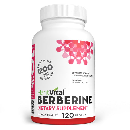 PlantVital Berberine bottle label close-up highlighting potency and USA-made quality.