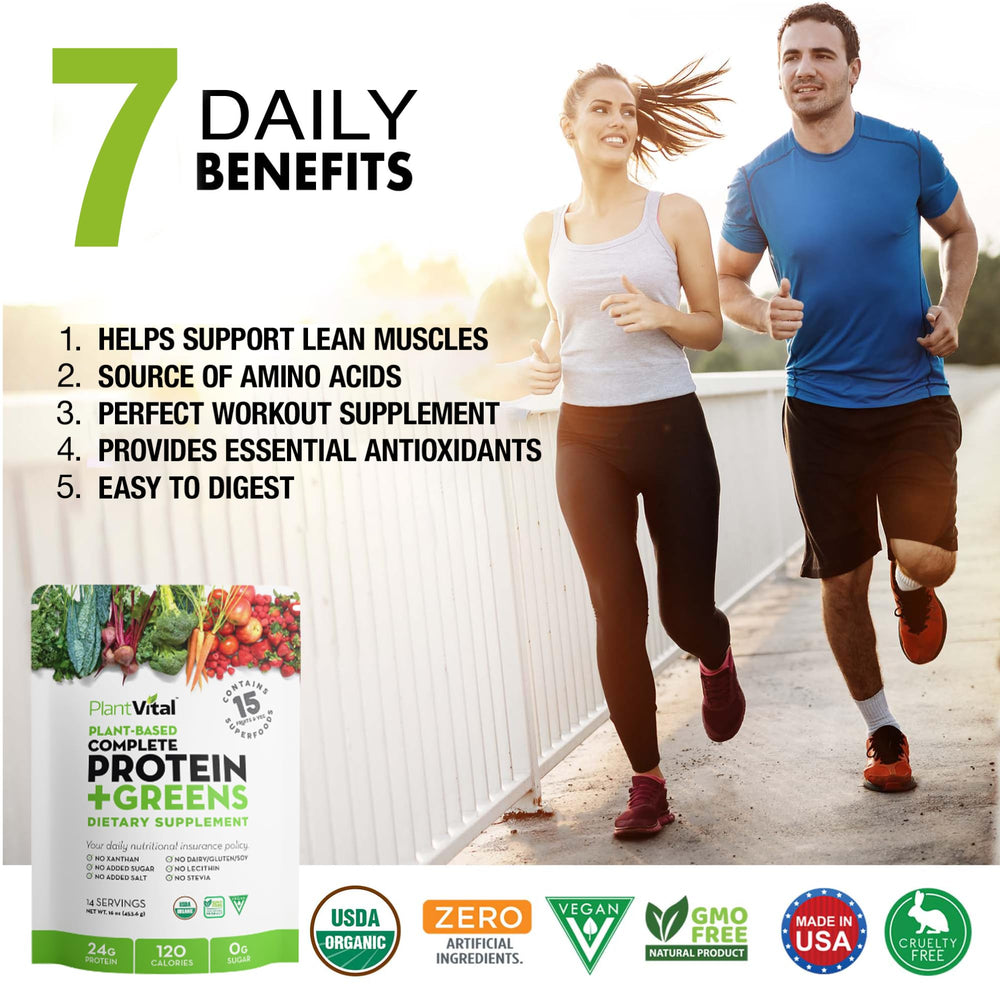 Plantvital organic greens label conveys gluten-free nutrition.