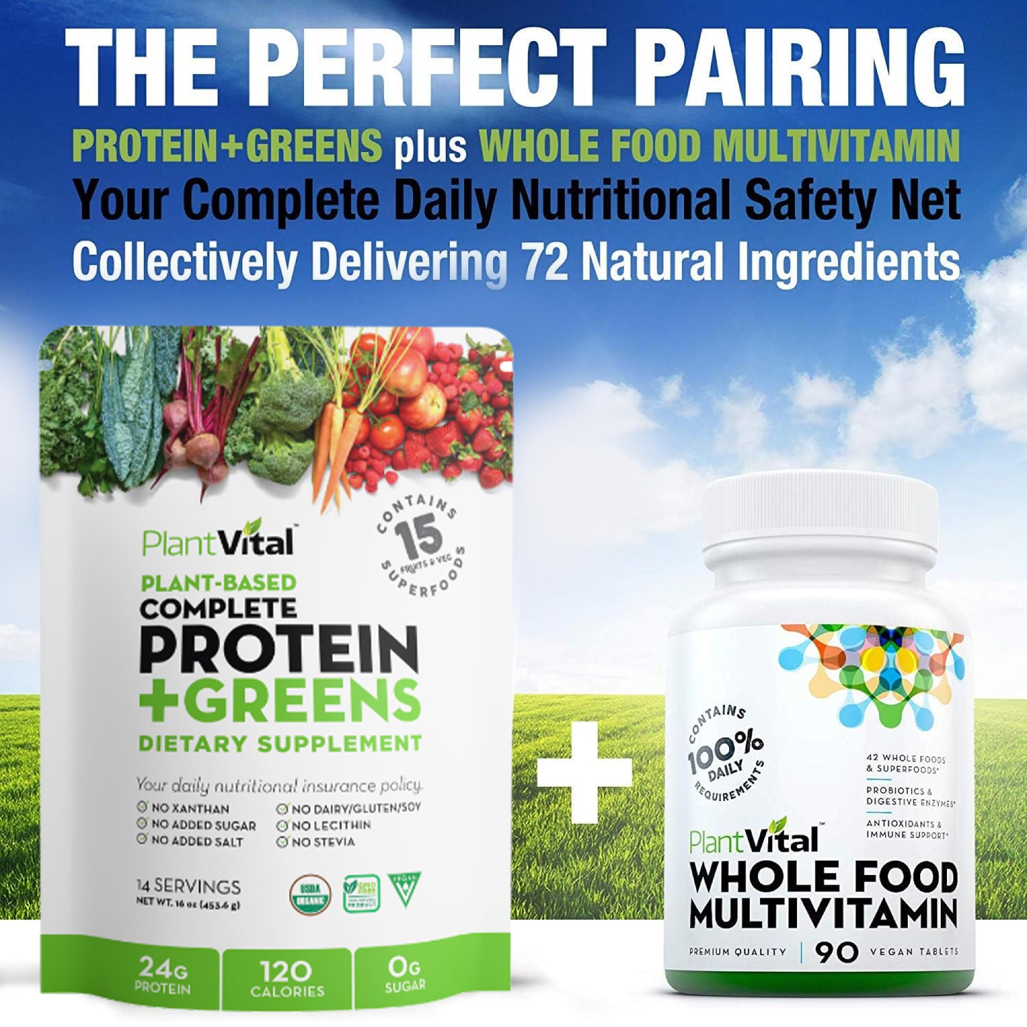 Plantvital protein powder scoop beside a shaker for quick mixes