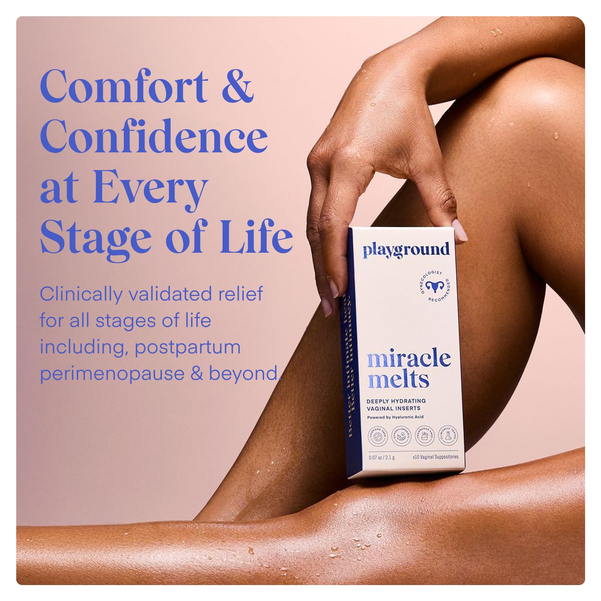 PLAYGROUND Miracle Melts hyaluronic acid ingredient focus highlights hydration support.