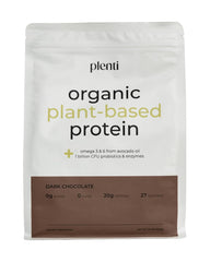 plenti dark chocolate protein powder bag showing clean ingredients for daily shakes