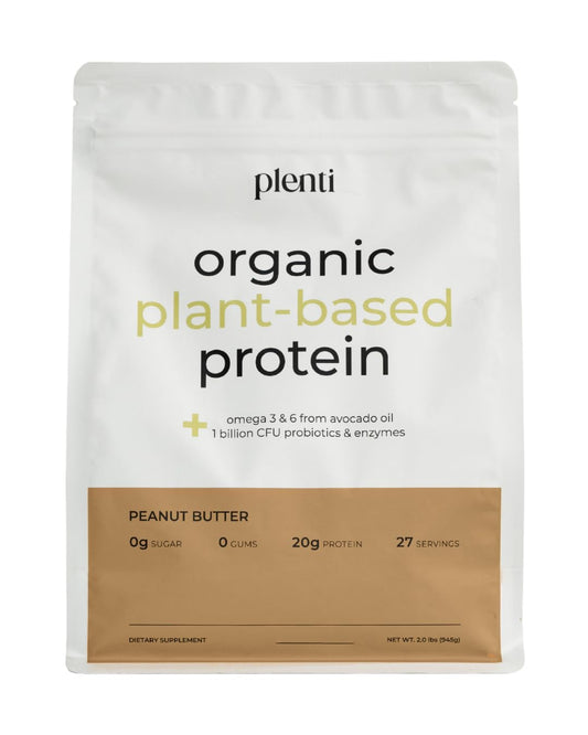 Plenti Peanut Butter Protein Powder jar shows creamy, clean nutrition for daily meals.