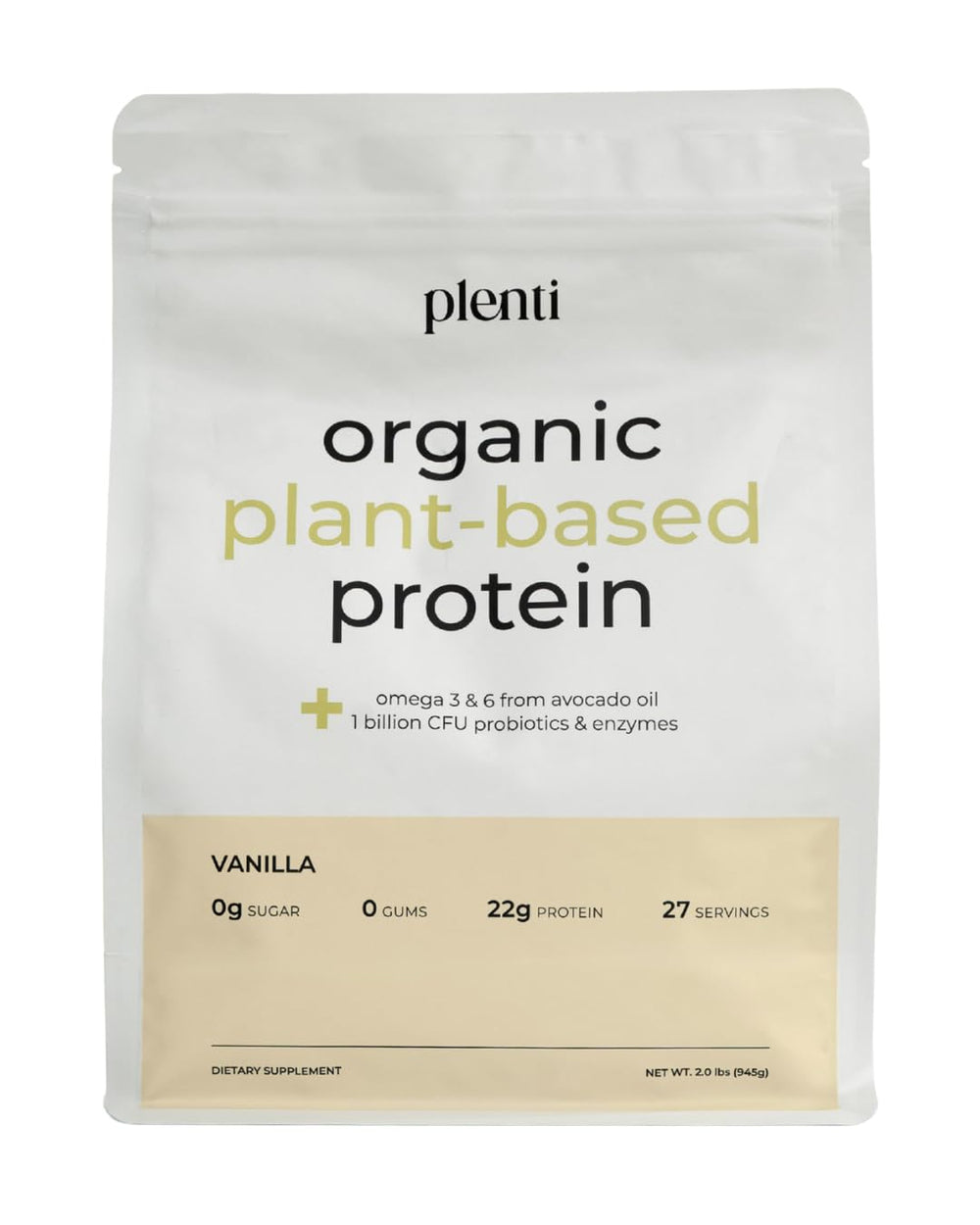 Plenti Vanilla protein powder bottle shows clean, sugar-free ingredients for daily shakes.