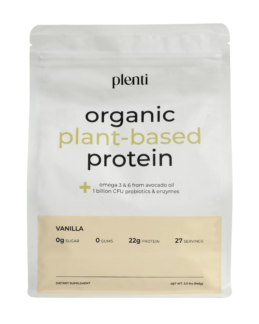 Plenti Vanilla protein powder bottle shows clean, sugar-free ingredients for daily shakes.