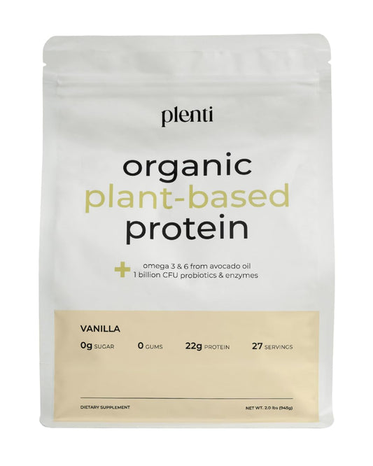 Plenti Vanilla protein powder bottle shows clean, sugar-free ingredients for daily shakes.