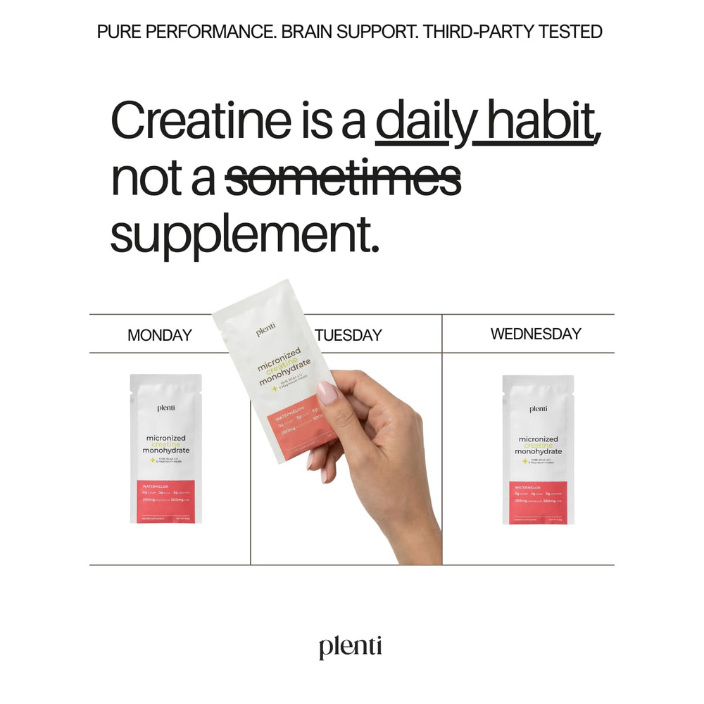 plenti watermelon creatine monohydrate dissolves instantly in water for a refreshing drink
