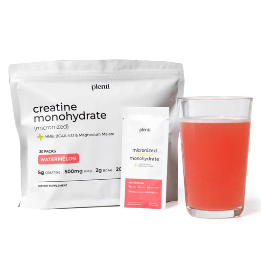 plenti watermelon creatine monohydrate stick tear-and-pour for convenient on-the-go fueling