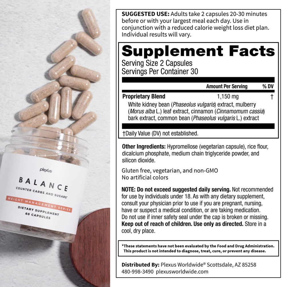 Plexus Balance capsules beside a prepared meal for convenient use
