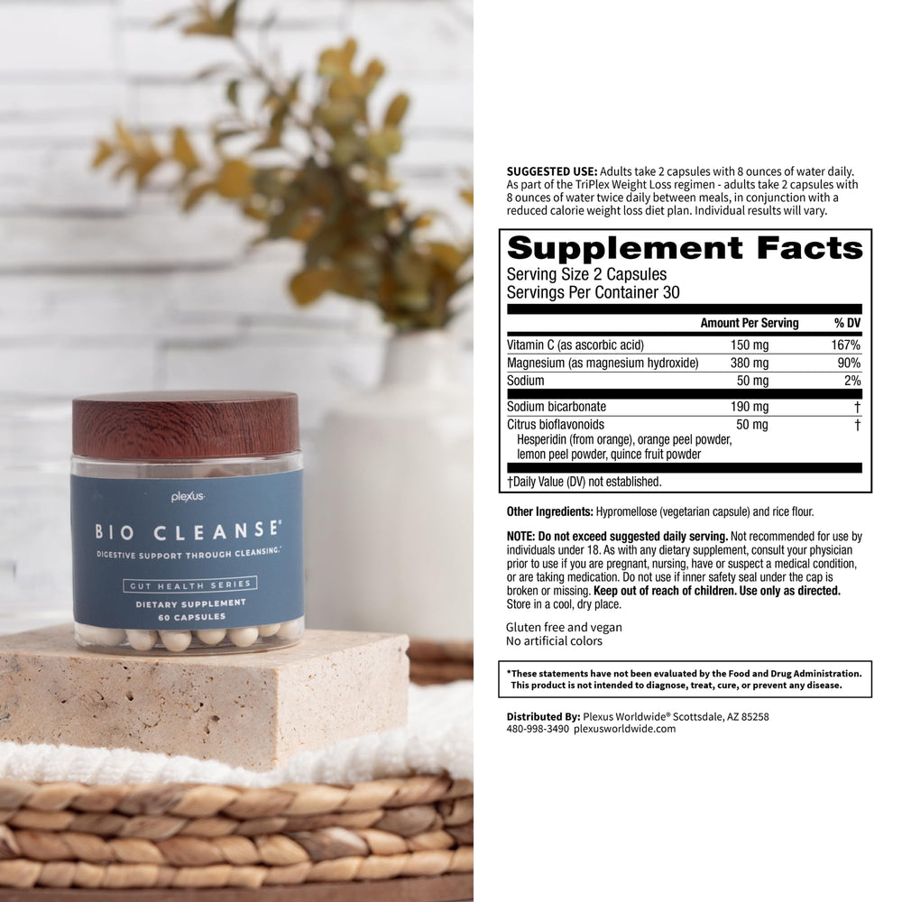 Plexus Bio Cleanse bottle on a clean countertop promoting daily GI care.