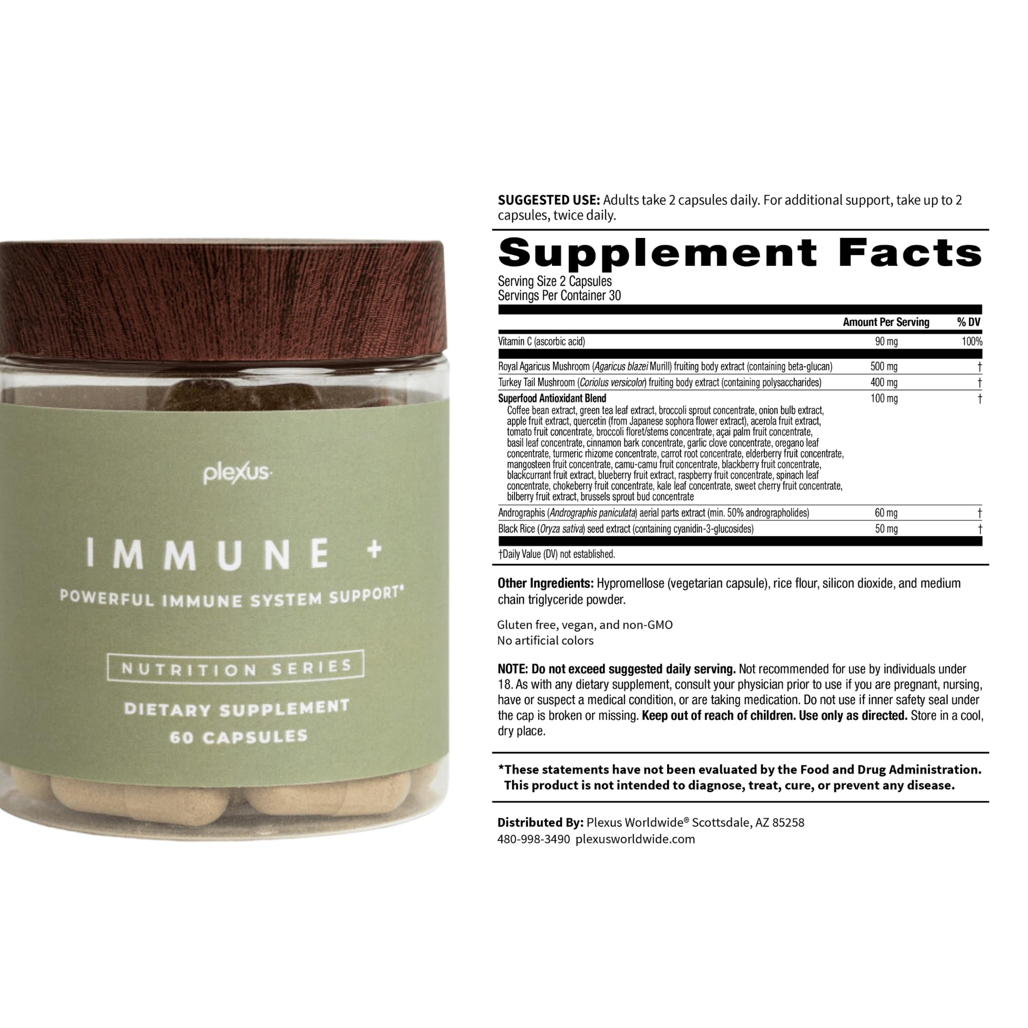 Plexus Immune + ingredients panel with mushroom extracts signals gut-friendly potential.