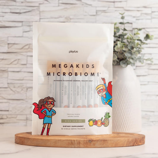 Plexus MegaKids Microbiome bottle highlights algae-derived DHA for growing brains.