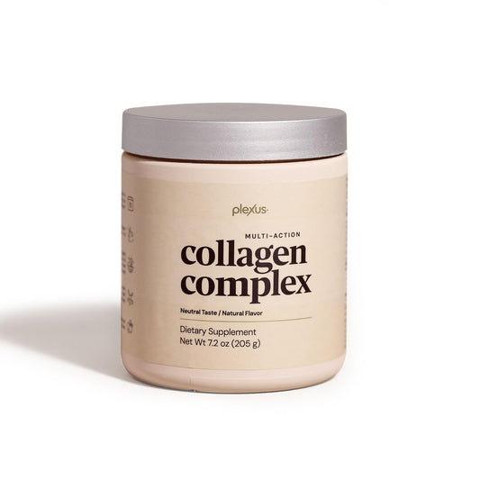Plexus Multi-Action Collagen Complex bottle and pour demonstrating daily beauty support and hydration.