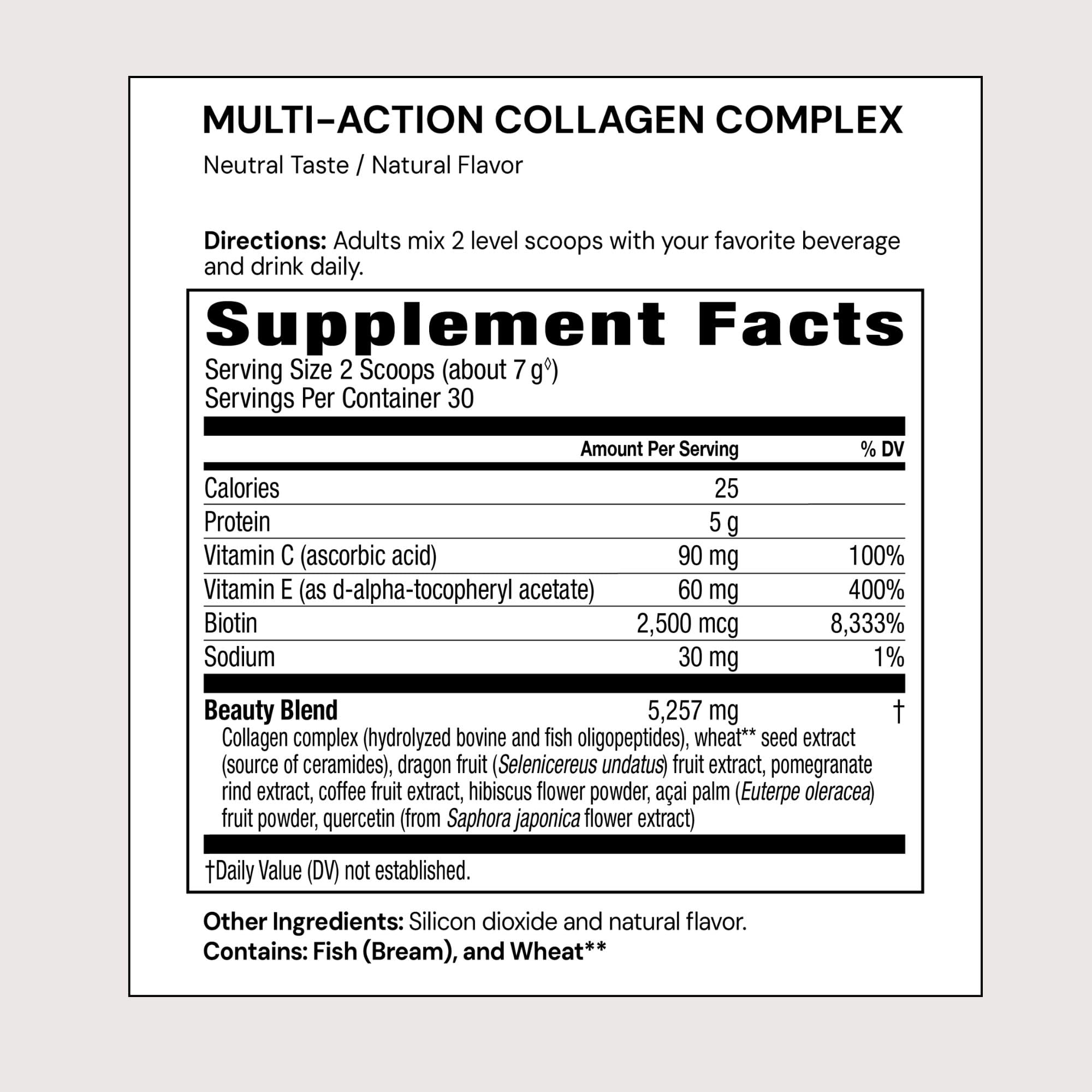 Plexus Multi-Action Collagen Complex ingredients close-up highlighting biotin, ceramides, antioxidants.