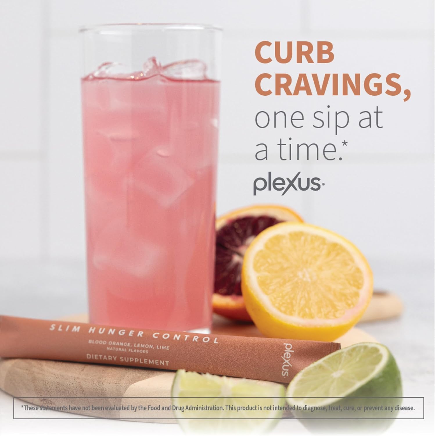 Plexus Slim Hunger Control blood orange lemon lime flavor sachet, vibrant color for mindful snacking.