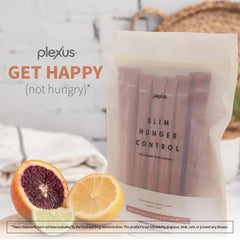 Glass of water with Plexus Slim Hunger Control, highlighting quick on-the-go glucose support.