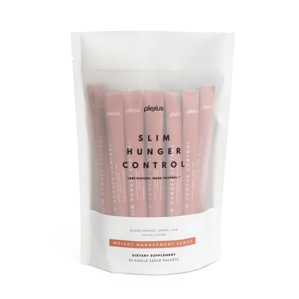 Plexus Slim Hunger Control packets on a kitchen counter for convenient daily use to curb cravings.