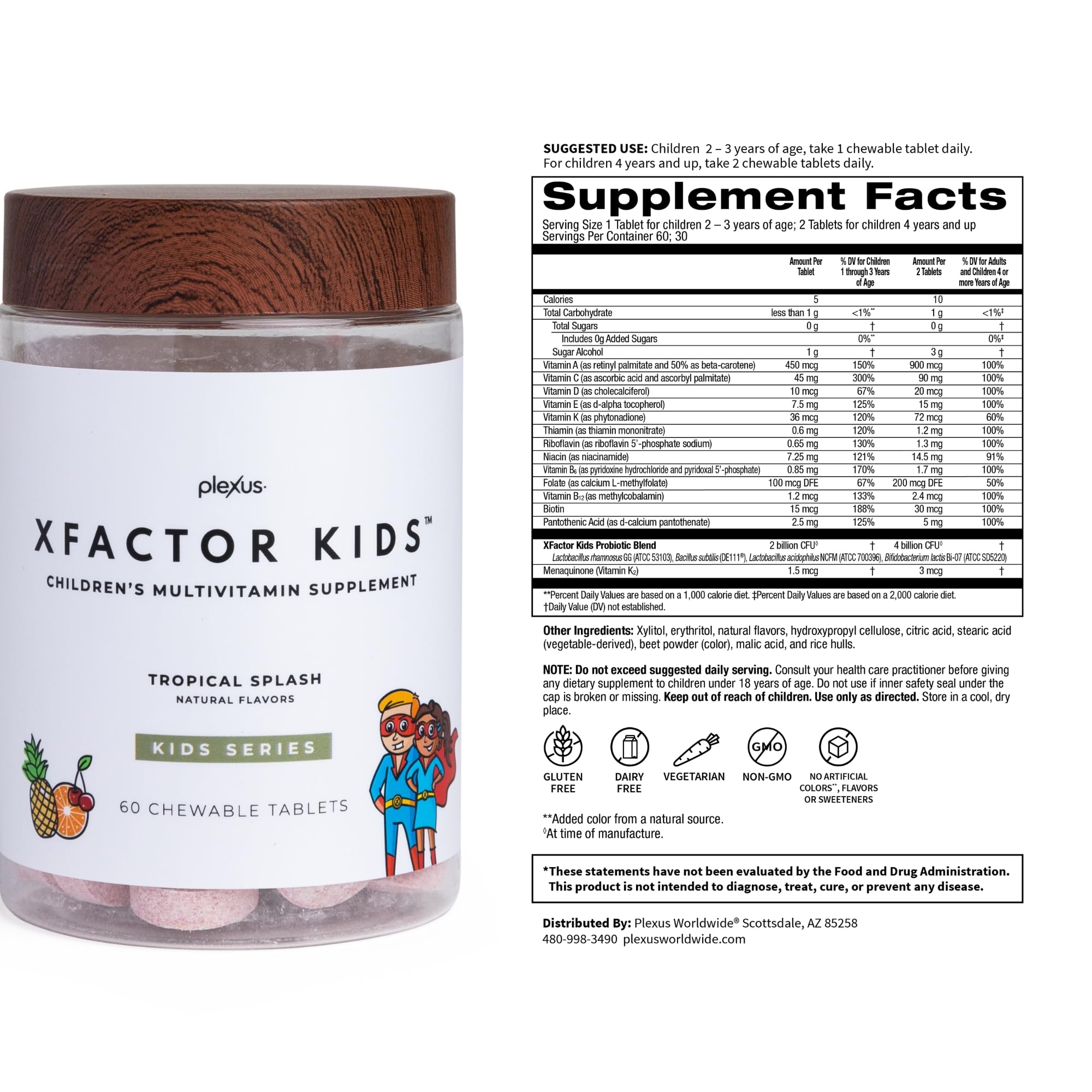 Plexus XFactor Kids bottle beside a glass of water for easy daily use.