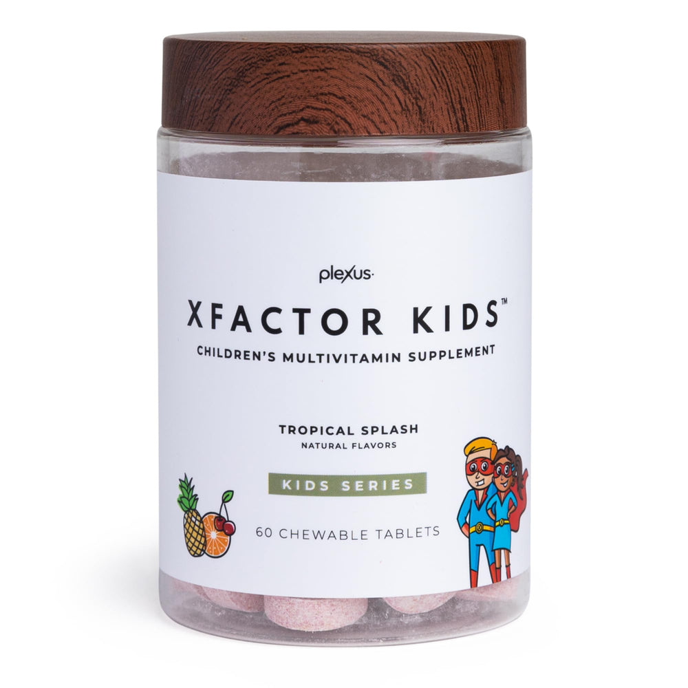 Plexus Xfactor Kids bottle with chewables for daily growth support.