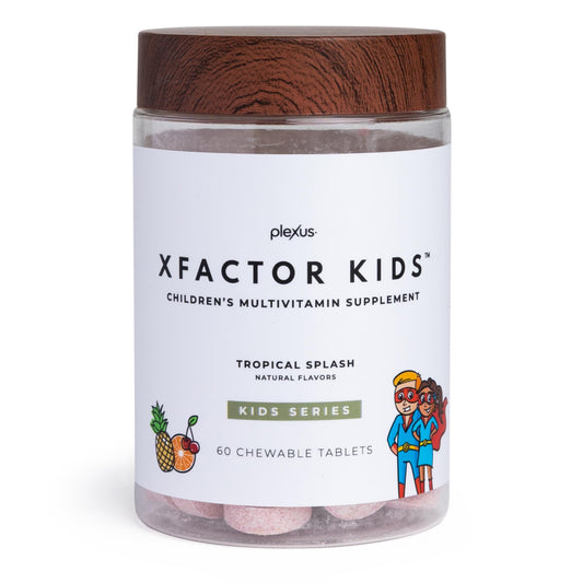 Plexus XFactor Kids chewables in tropical flavor shown for daily immune support.