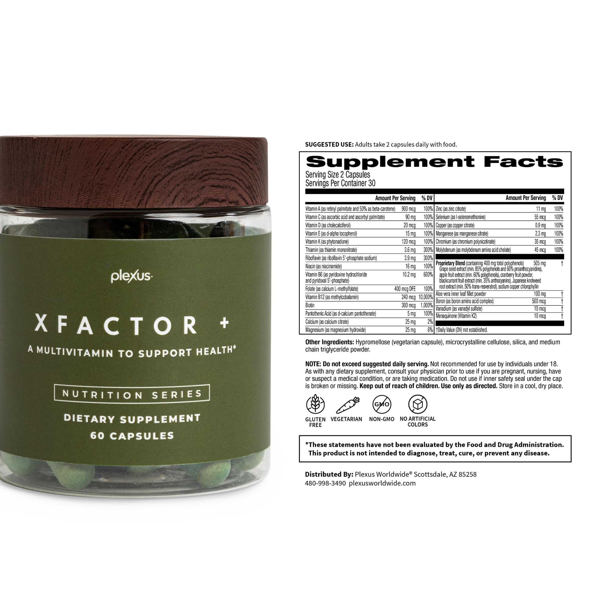Plexus XFactor+ dosing guide card demonstrating daily two-capsule routine