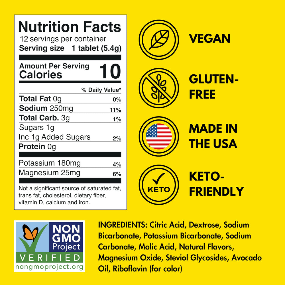 Plink Fizzy Electrolyte Tablets nutrition panel highlights low sugar and calories.
