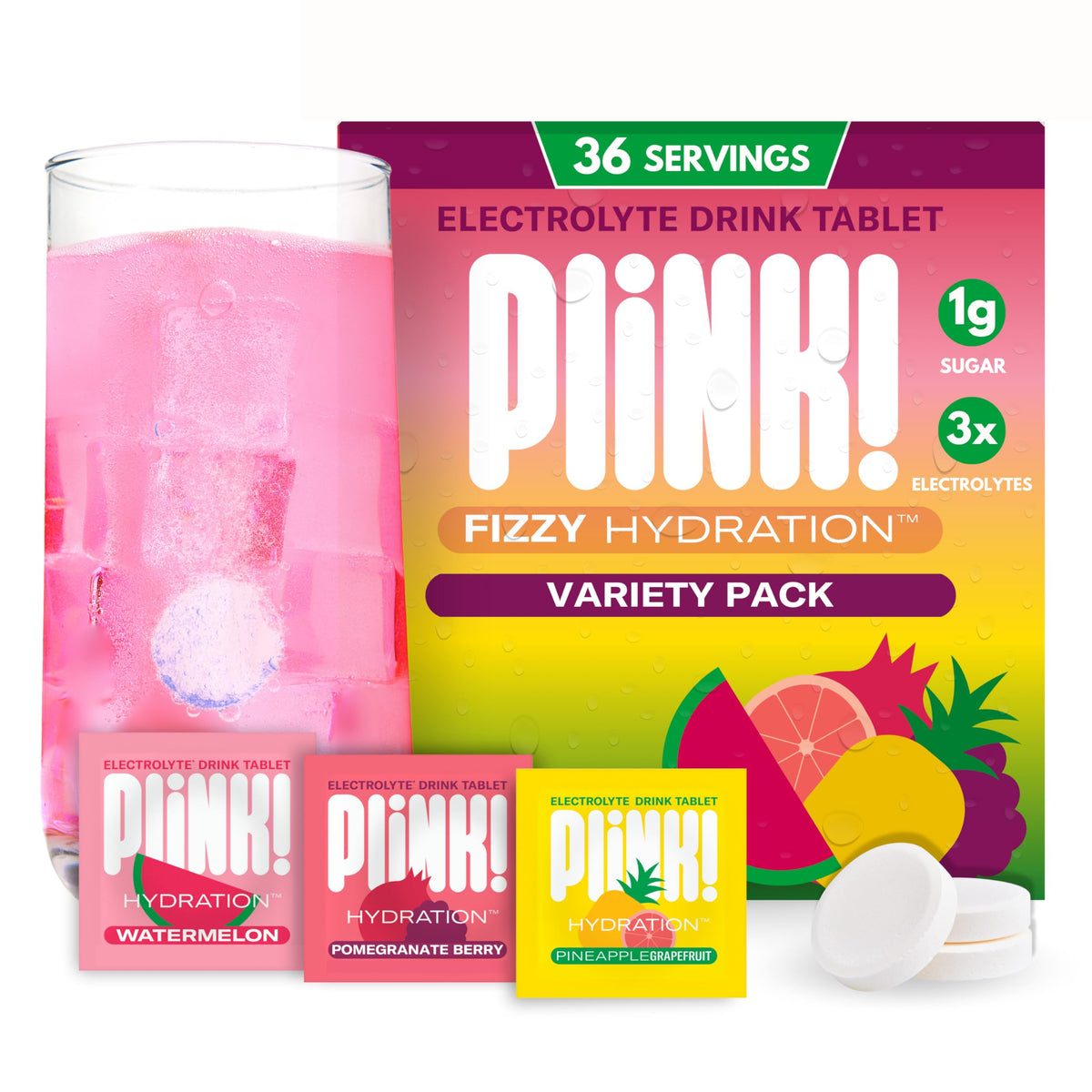Plink Fruity Variety Pack tablet closeup showing fizzy hydration action.