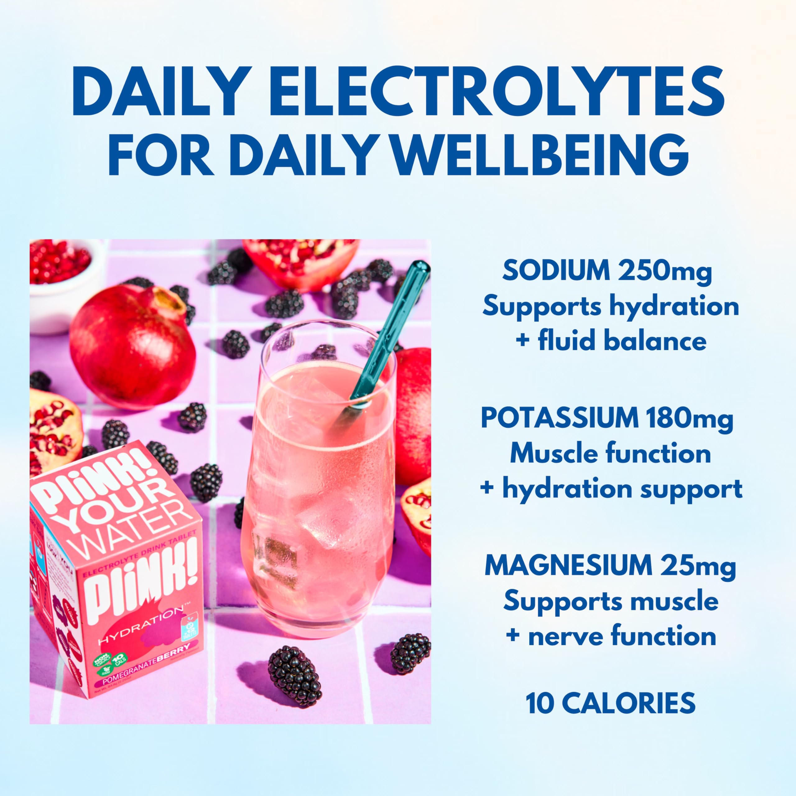 Closeup of Plink Pomegranate Berry tablets highlighting fruity fizz.