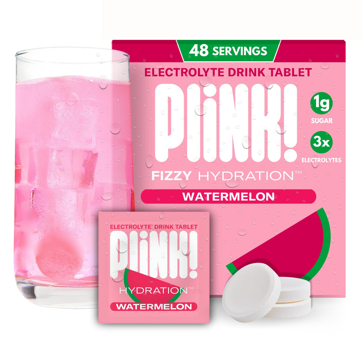Plink Watermelon tablet dissolving in a glass for refreshing hydration.