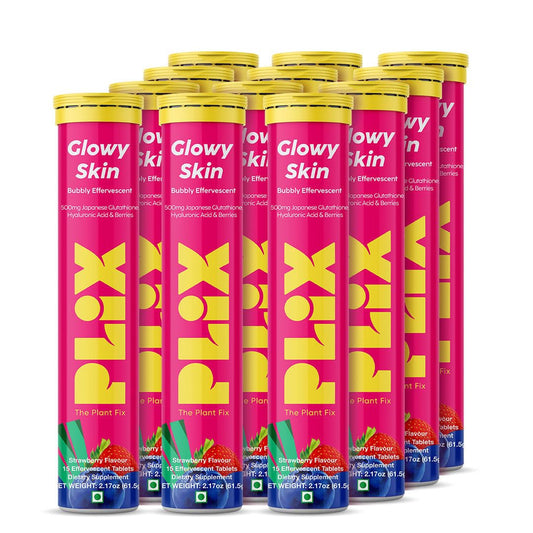 PLIX Glowy Skin bottle with tablets for daily beauty support.