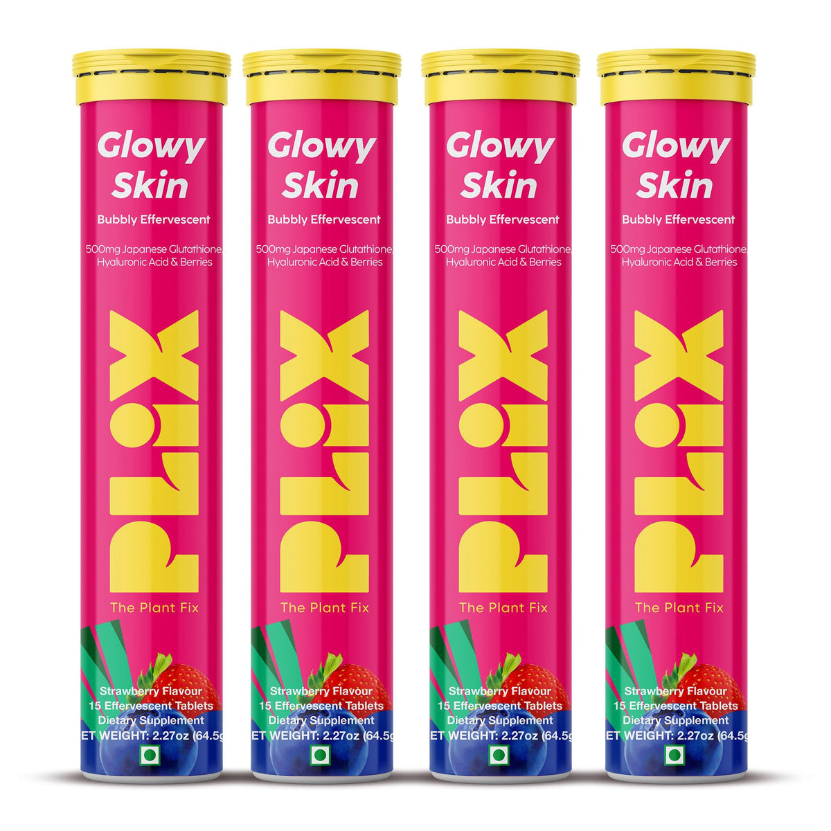 PLIX Glowy Skin bottle with fizzing tablet for daily wellness.