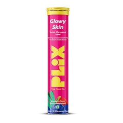 PLIX Glowy Skin tablet dissolving in water creates a refreshing wellness drink.
