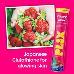 PLIX Glowy Skin glass with fizzy pink liquid and berry notes.