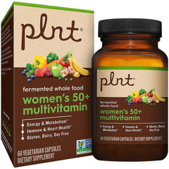 plnt fermented women's 50+ multivitamin bottle on counter supporting daily wellness.