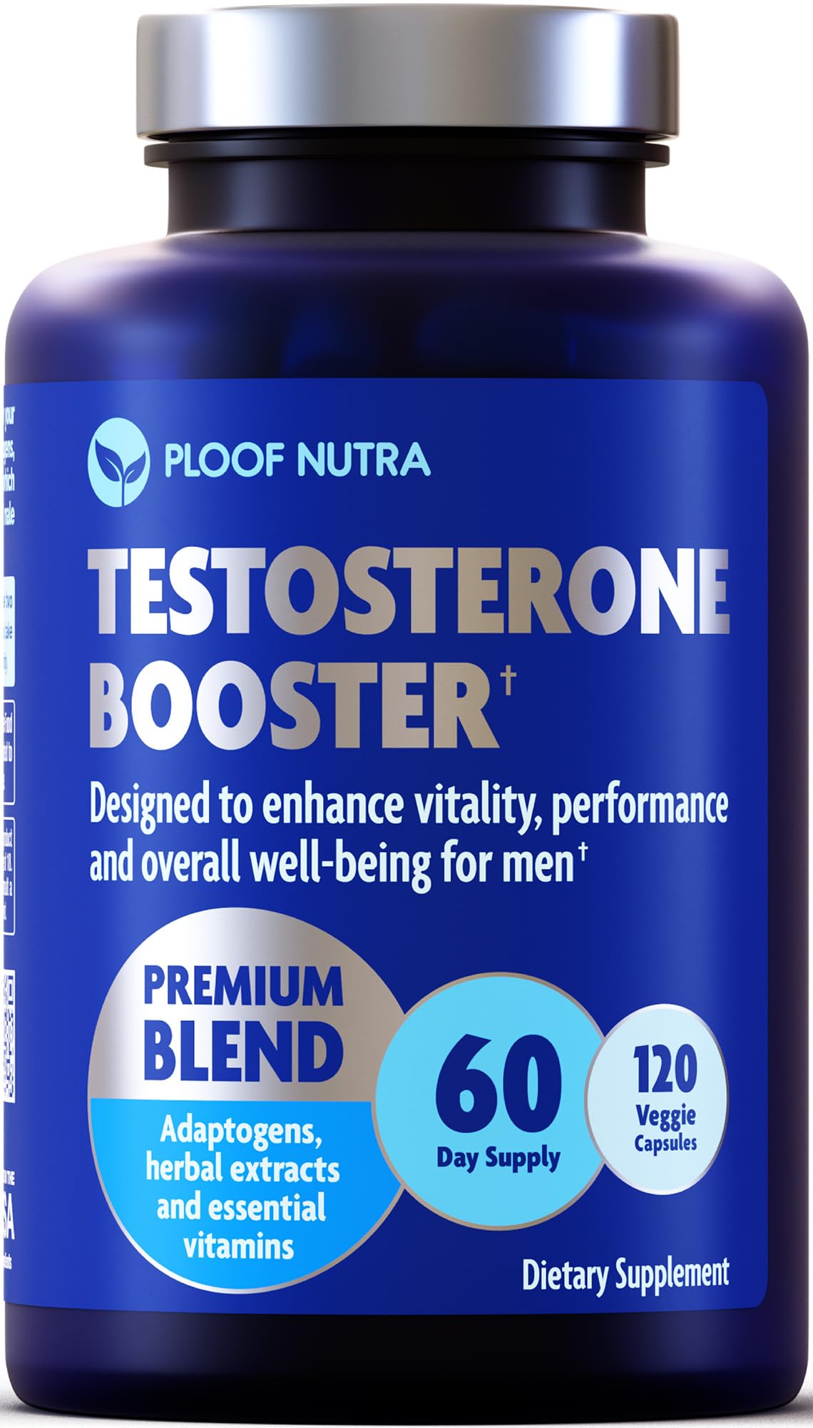 PLOOF Nutra Testosterone Booster bottle pour shows daily energy support for workouts.