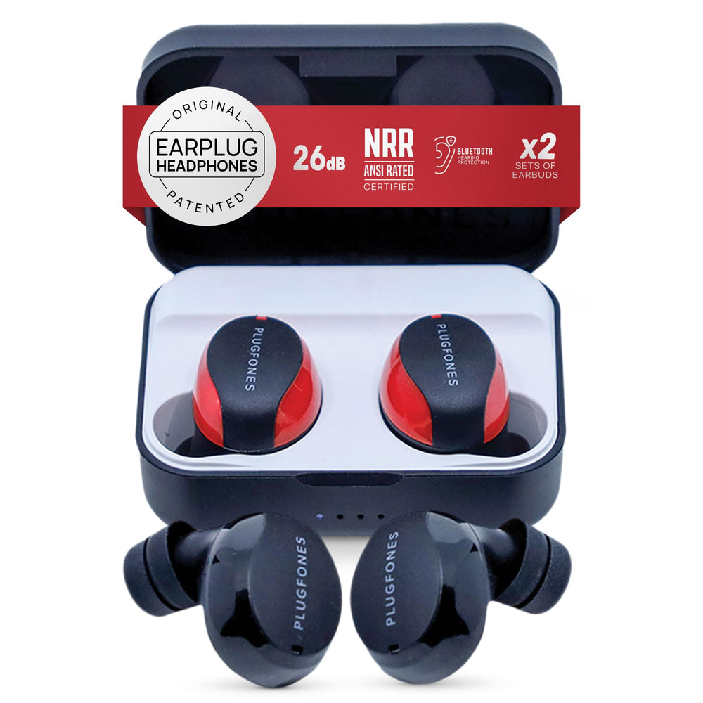 Plugfones Sovereign Duo charging case open with two wireless earbud sets ready for charging.