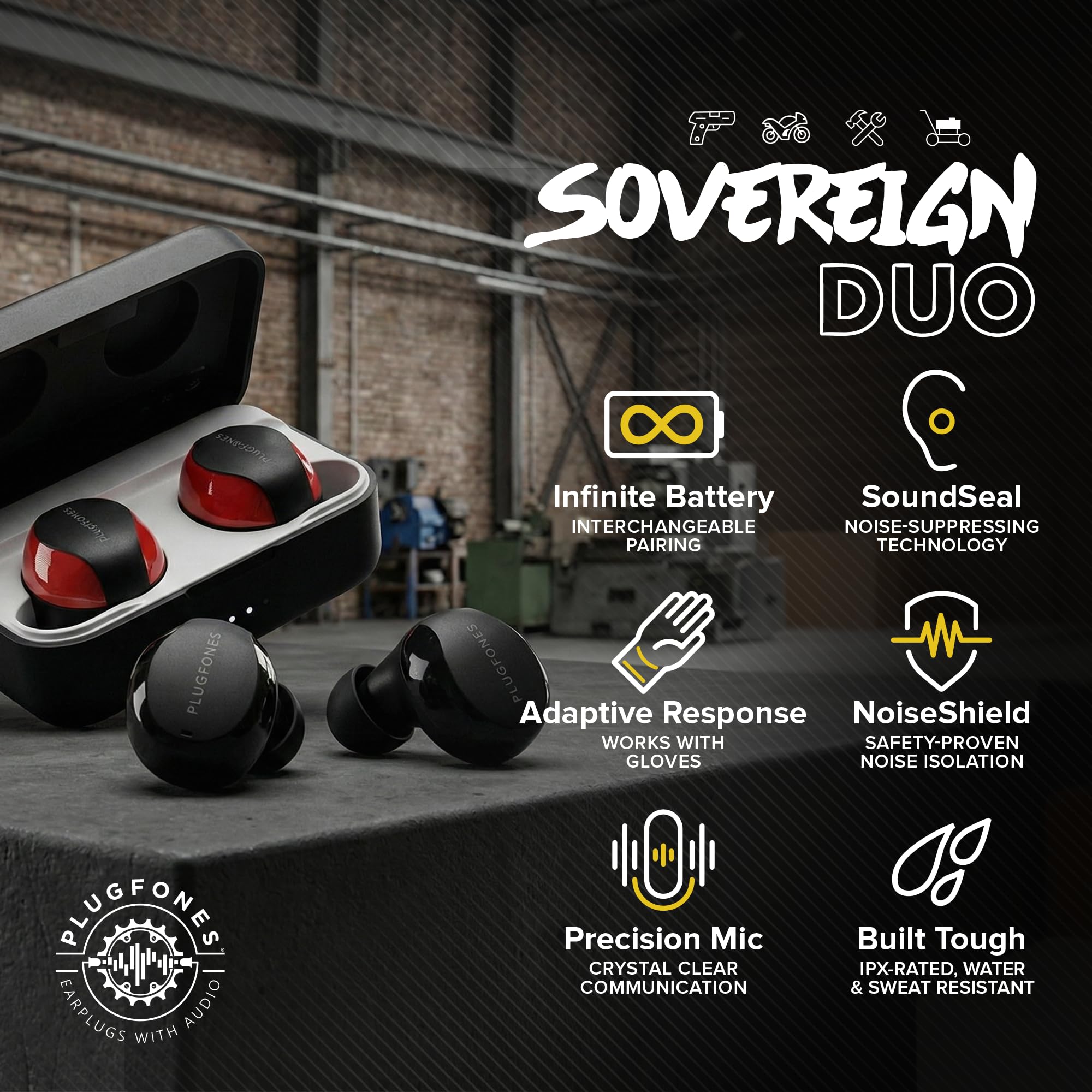 Plugfones Sovereign Duo worn for all day comfort and clear audio.