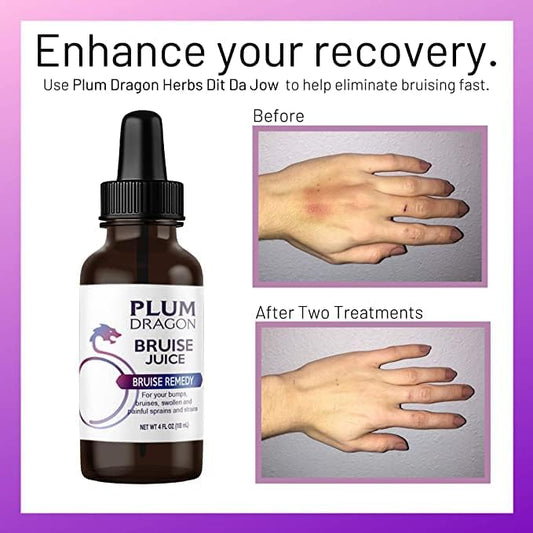 Plum Dragon bruise juice herb blend closeup highlighting authentic whole-herb formula.