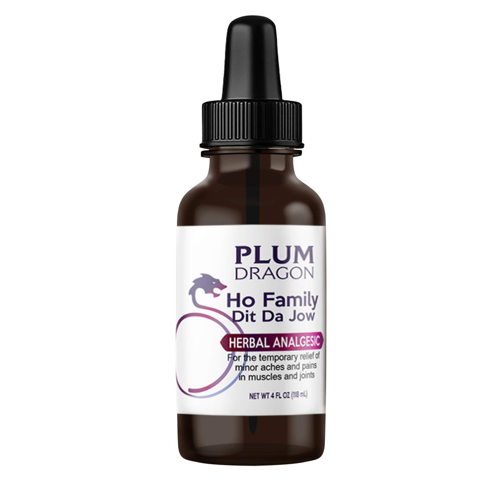 Plum Dragon Ho Family Dit Da Jow in amber jar for topical post-activity care.