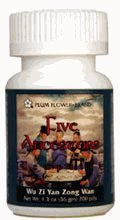 Plum Flower Five Ancestors Teapills Wu Zi Yan Zong Wan bottle for daily vitality and eye support.