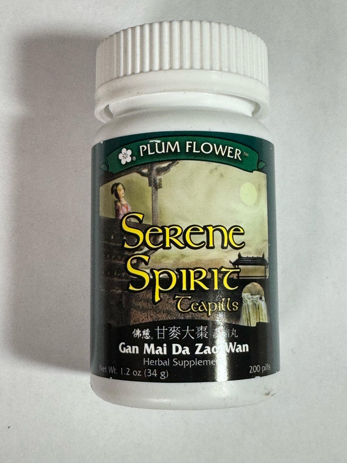 Plum Flower Serene Spirit Teapills bottle-front view, suggesting daily calm and balance