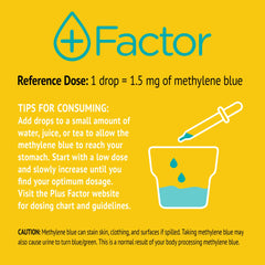Plus Factor Cellular Boost Complex label closeup highlighting 3% methylene blue