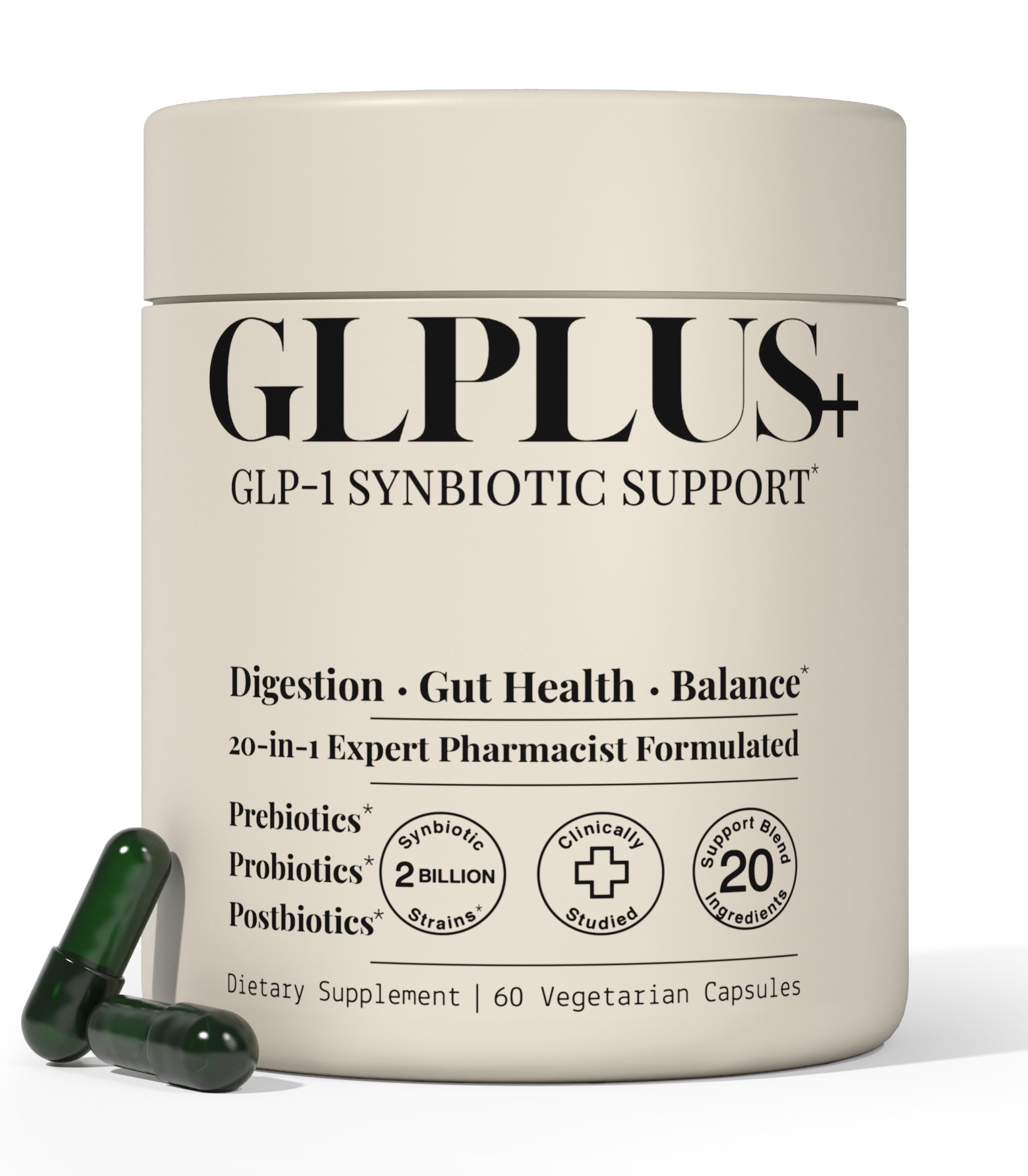 Plus+Ultra GLP-1 Synbiotic bottle promoting balanced digestion for daily use.