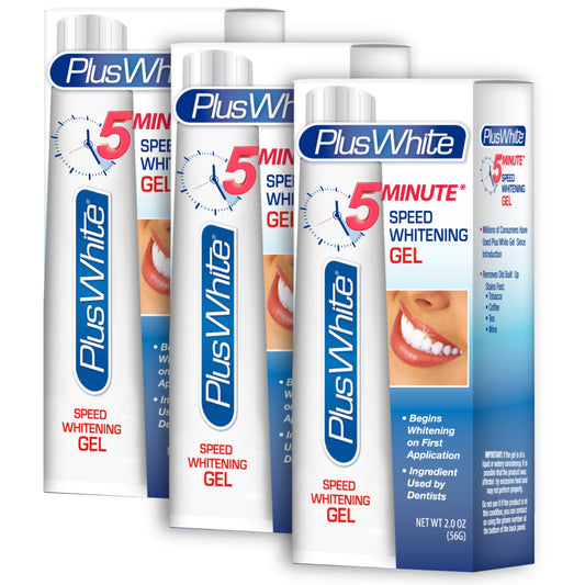 Plus White Speed Whitening Gel showing 5 minutes application for quick at-home whitening results.