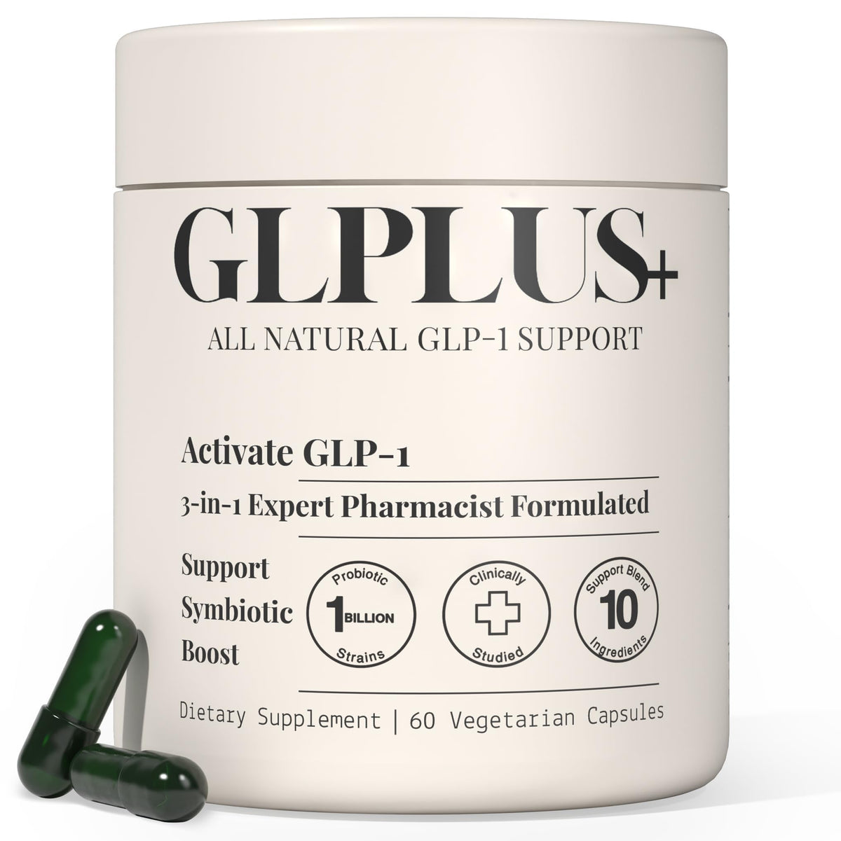 Plus+Ultra GLP-1 bottle front with label and logo for easy recognition.