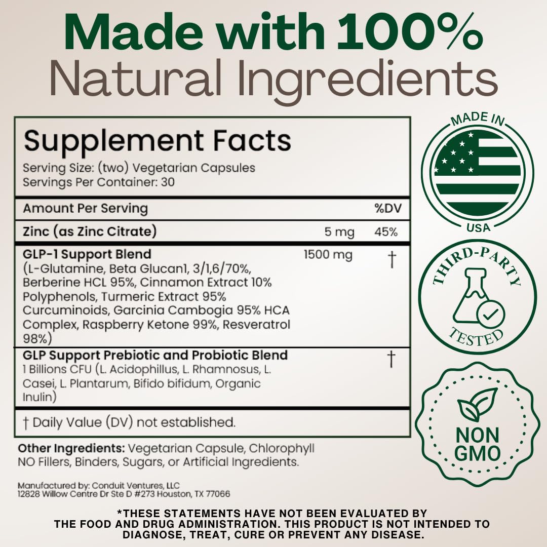 Plus+Ultra GLP-1 product packaging on a kitchen counter beside healthy foods.