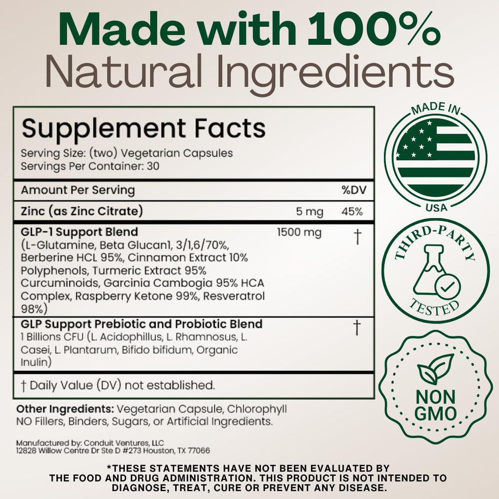 Plus+Ultra GLP-1 product packaging on a kitchen counter beside healthy foods.