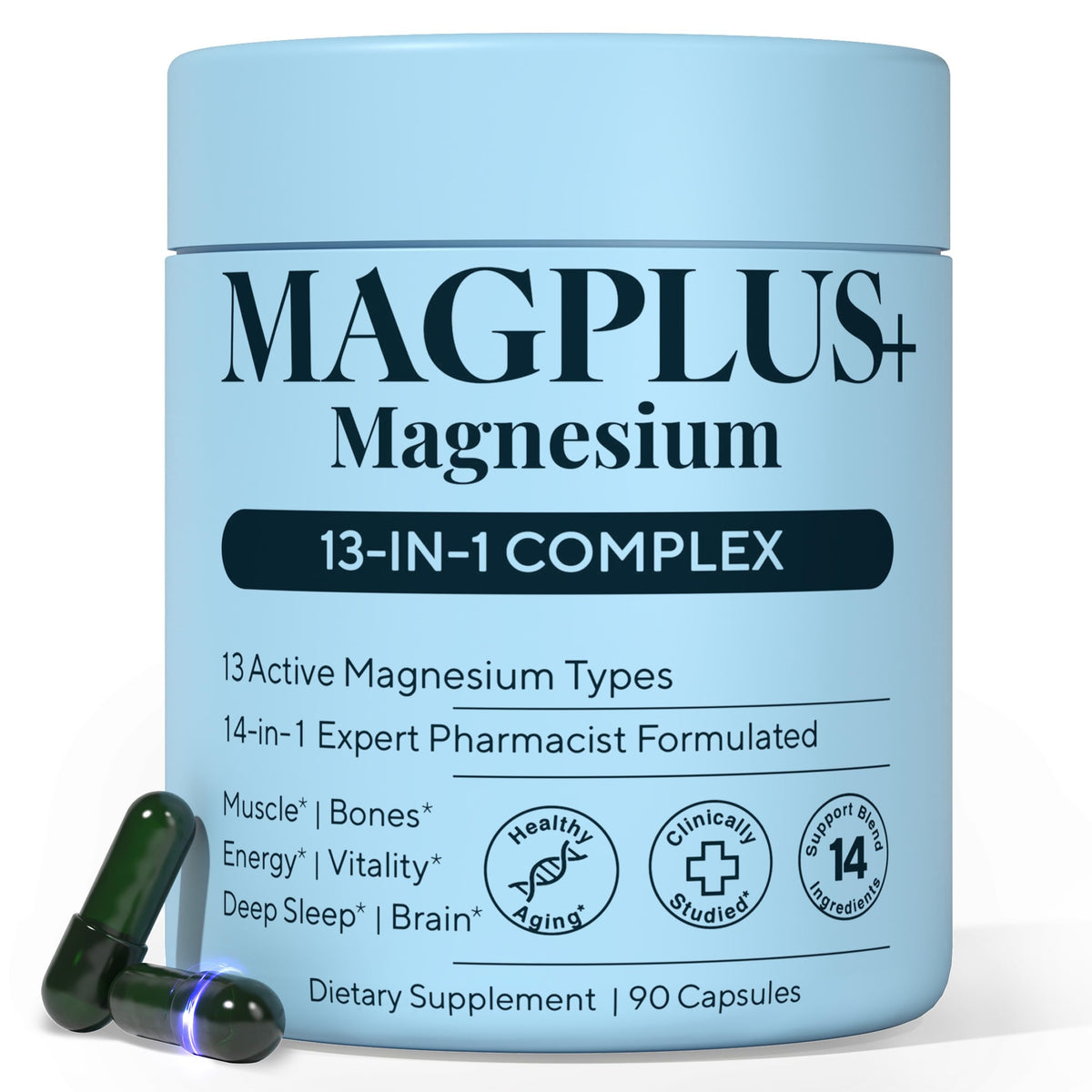 Plus+Ultra MAGPLUS+ 13in1 bottle packaging for daily magnesium support.